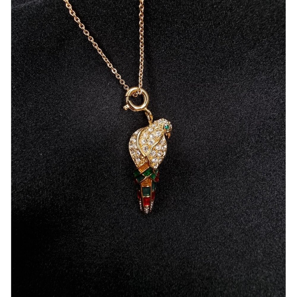 Vintage Nolan Miller Gold-Tone Parrot Pendant Necklace With Crystals & Multicolo